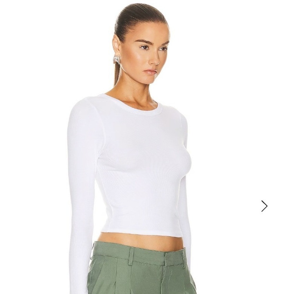 Enza Costa White Terry Knit Luxury Scoop Neck Long Sleeve Cropped Top, Size‎ M